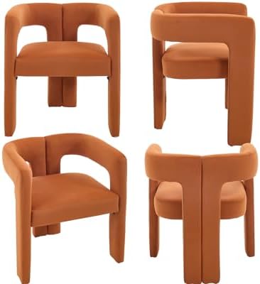 VESCASA Modern Barrel Dining Chairs Set of 4 with Open Back, Orange Velvet | Comfortable Upholstered Dining Room Chairs, Sturdy Solid Wood Legs, Accent Kitchen Armchairs for Living Room, Home, Apartment