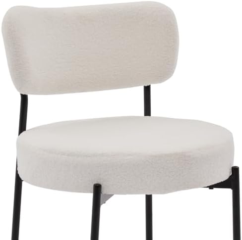 Boucle Dining Chair Set of 4, Mid Century Modern Upholstered Kitchen Chairs with Curved Backrest & Black Metal Legs, Round Dining Room Chairs, White