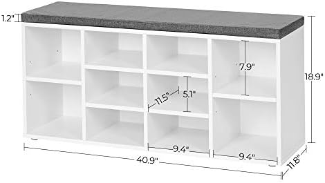 VASAGLE Shoe Bench with Cushion, 10 Compartments, 11.8 x 40.9 x 18.9 Inches | Entryway Storage Bench with Padded Seat, for Bedroom, Cloud White and Dove Gray, CUSTOS Collection ULHS10WT