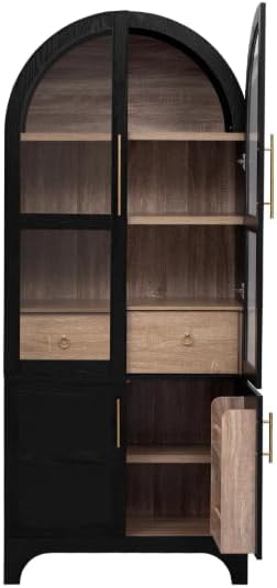 Arched Kitchen Pantry Cabinet, 71" Tall, Farmhouse Style, with Glass Door, Hidden Drawer, Open and Adjustable Shelves, for Kitchen, Dining Room