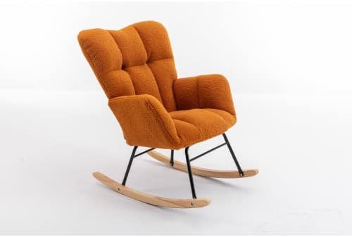 Rocking Chair, Upholstered Teddy Fabric Glider Chair, Lounge Accent Armchair with High Backrest and Thick Cushion, Accent Rocking Chairs for Living Room, Bedroom, Orange