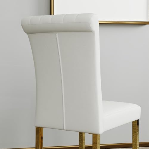 ACEDÉCOR Dining Table Set for 4, 5-Piece White and Gold Dining Set with 4 Faux Leather Dining Chairs, Modern Luxury Dining Room Table Set with Stainless Steel U-Shaped Base