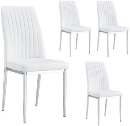 Upholstered Dining Chairs Set of 4, Mid-Century Modern Leather Dining Room Chair with Metal Legs & Padded Seat, Stylish Elegant Living Room Accent Chair (White-Silver, Set of 4)