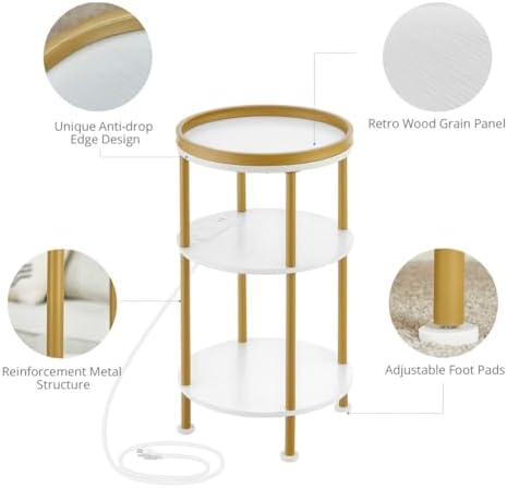 Small Round End Table with Charging Station, 3-Tier Accent Couch Beside Table with USB Ports & Power Outlets, Sofa Side Table for Living Room Small Nightstand Bedroom (USB Charger, White+Gold)
