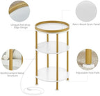Small Round End Table with Charging Station, 3-Tier Accent Couch Beside Table with USB Ports & Power Outlets, Sofa Side Table for Living Room Small Nightstand Bedroom (USB Charger, White+Gold)