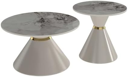 Modern Round Nesting Coffee Tables Set of 2, Marble‑Look Tabletop with Base | Stackable Nesting Coffee Tables, Round Faux Marble Top with Tapered Metal Base Gold Detail for Home Living Room