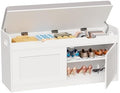 2-Tier Storage Bench, 39.4" Wide Shoe Bench with Lift-Up Top, Shoe Storage Bench with Cushion, Shoe Cabinet with Handleless Doors and Adjustable Shelf for Entryway, Bedroom, White KHD02W