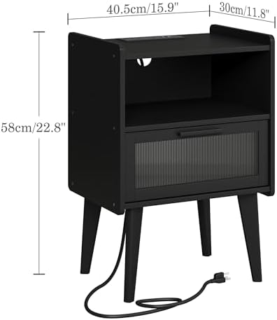 MMEOLUOOK Nightstand with Charging Station, Bedside Tables, End Table Side Table with 2 Tiers Storage Space, for Bedroom, Living Room, Black CAMLBZ07BE