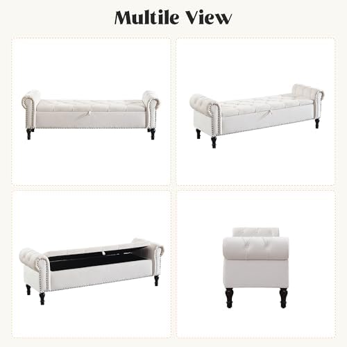 Velvet Storage Bench 67 Inch Upholstered Tufted Ottoman Bench with Arms Large Storage Space King Size End of Bed Benches for Bedroom Living Room Entryway Beige
