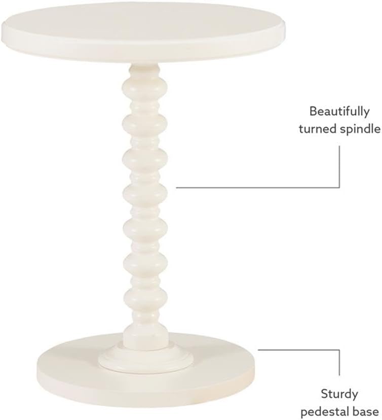 Pemberly Row Contemporary Wood Spindle Side Table, Off White Finish, 17" Round Top, Solid Rubberwood Construction, Turned Pedestal Base, Accent Table for Living Room, Entryway, or Bedroom Use