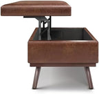 SIMPLIHOME Owen 42" Wide Vegan Leather Lift Top Ottoman in Saddle Brown | Distressed saddle brown, mid-century modern lift-top ottoman with storage for living room; rectangle footstool or pouf.