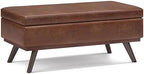 SIMPLIHOME Owen 42" Wide Vegan Leather Lift Top Ottoman in Saddle Brown | Distressed saddle brown, mid-century modern lift-top ottoman with storage for living room; rectangle footstool or pouf.