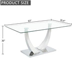 Modern Silver Dining Table, 63" Dining Room Table for 4-6 with Heavy Duty Tempered Glass Top, Rectangular Glass Kitchen Table with Sturdy U Shaped Base for Kitchen Dining Room
