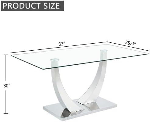 Modern Silver Dining Table, 63" Dining Room Table for 4-6 with Heavy Duty Tempered Glass Top, Rectangular Glass Kitchen Table with Sturdy U Shaped Base for Kitchen Dining Room