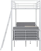 Twin Size Metal Loft Bed with Built-in Wooden Table and Upholstery Chairs Set for Kids Teens, Full Length Guardrails Inclined Ladder, Bedroom, Dorm, Space Saving (White-with Built-in Table)