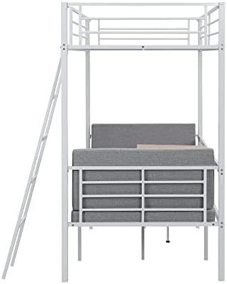 Twin Size Metal Loft Bed with Built-in Wooden Table and Upholstery Chairs Set for Kids Teens, Full Length Guardrails Inclined Ladder, Bedroom, Dorm, Space Saving (White-with Built-in Table)