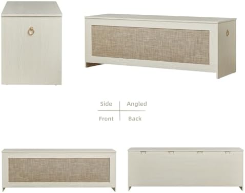 51.2" Storage Chest Large,Wooden Rattan Storage Bench.(White Cream) | Storage trunk with 2 Safety Hinges, 51.2x15.7x18.3 Inch, Easy Assembly, Storage bench For Bedroom, Living Room, Entryway