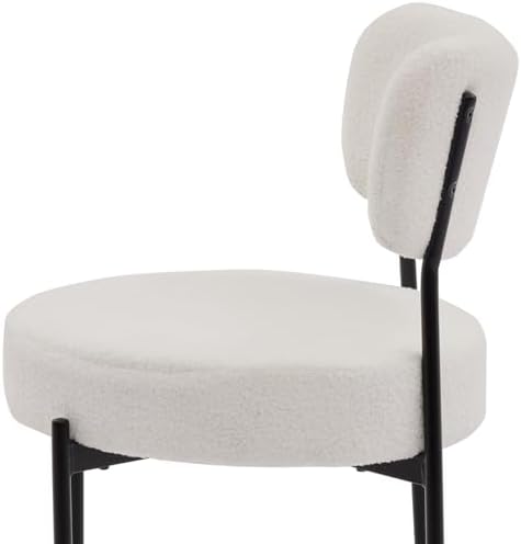 Boucle Dining Chair Set of 4, Mid Century Modern Upholstered Kitchen Chairs with Curved Backrest & Black Metal Legs, Round Dining Room Chairs, White