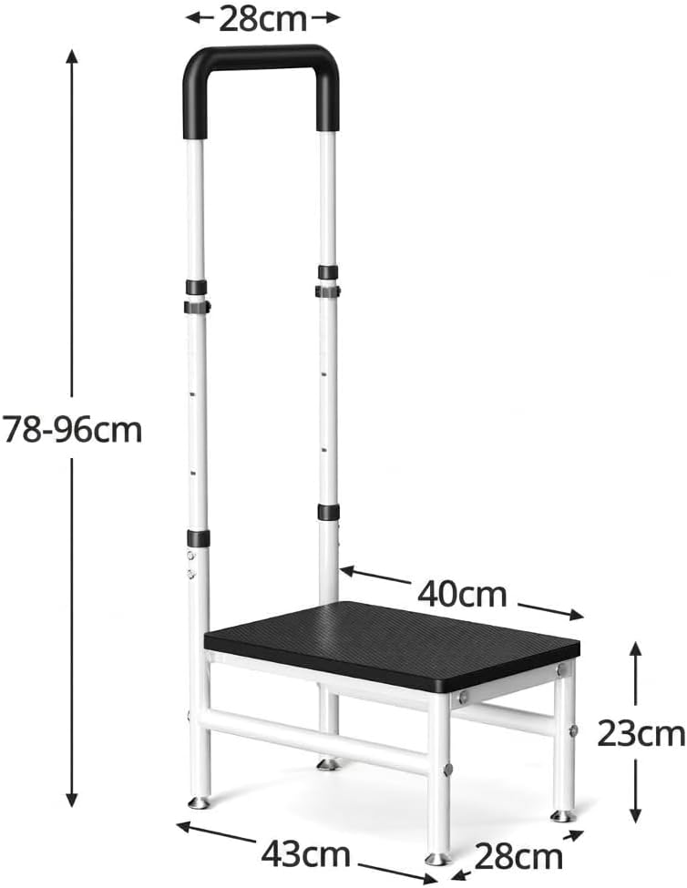 Step Stool with Handle for Adults and Seniors, Heavy Duty One Step Wooden Platform Stool with Adjustable Handrail, Wide Non Slip Footstool for Bedside, Bathroom and Home