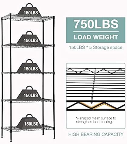 PayLessHere 14" D×24" W×60" H Wire Shelving Unit Metal Commercial Shelf with 5 Tier Layer Rack Strong Steel for Restaurant Garage Pantry Kitchen Garage，Black