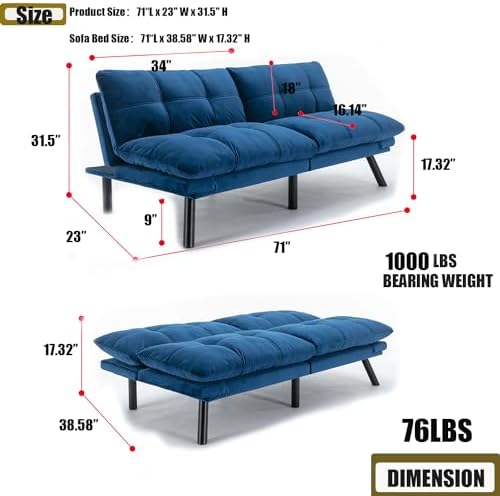 Modern Navy Blue Velvet Convertible Folding Futon Couch Sofa Bed | Adjustable Pillow Top Arm Memory Foam Couch Double Loveseat Sofa for Compact Living Space,Dorm,Game Studio,Apartment,Bedroom