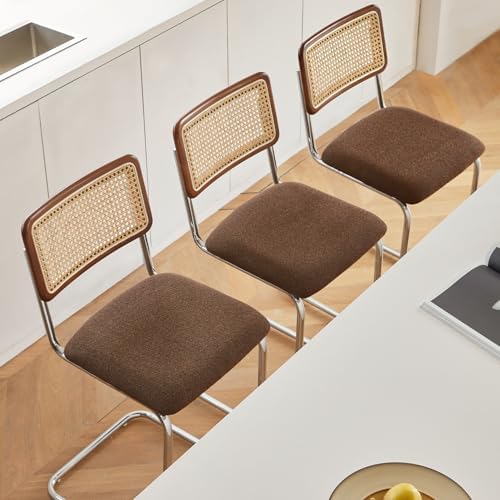GrandNoor Natural Rattan Counter Height Stools Set of 3 with Solid Wood Back, 29 Inch Mid Century Modern Cesca Bar Stools, Brown Upholstery Boho Stool for Kitchen Counter with Chrome Metal Legs