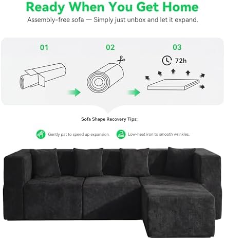 MONVANE L Shaped Sectional Couch Oversized, Chenille, Black | 4-Seat Sectional Couch for Living Room, Modular Cloud Sofa with Ottoman & 4 Throw Pillows, No Assembly Required