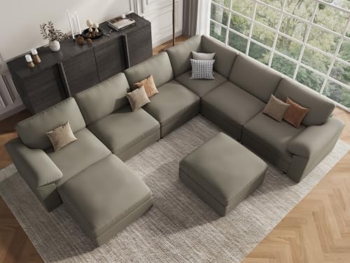 EASE MOOSE Sectional Couches for Living Room, Modular Sofa, Light Grey | Pet-Friendly Faux Leather, Large Deep Seat,Easy to Clean, Solid Wood Frame, Easy Assembly, Scratch Resistant