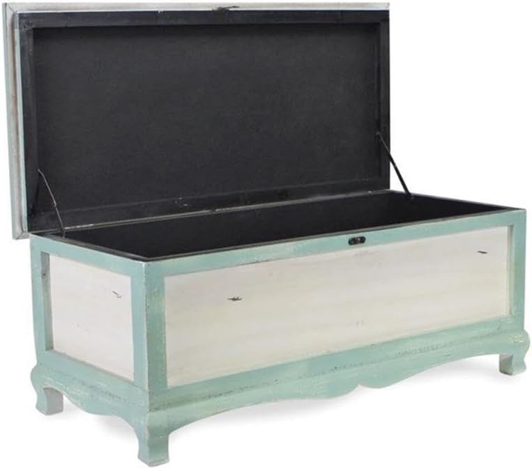 Pemberly Row Shabby-Chic Wood Bench Chest, Seafoam Green & Off White Finish, Cushioned Seat with Hinged Lift-Up Storage, Handcrafted Bedroom or Entryway Seating Organizer, Fully Assembled