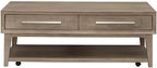 Pemberly Row 3-Piece Living Room Table Set, Sandstone Wood Finish, Includes Rectangular Cocktail Table with Casters and 2 End Tables, Open Bottom Shelves, Brushed Nickel Hardware, Contemporary Home