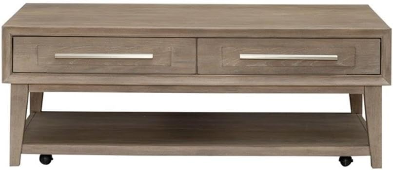Pemberly Row 3-Piece Living Room Table Set, Sandstone Wood Finish, Includes Rectangular Cocktail Table with Casters and 2 End Tables, Open Bottom Shelves, Brushed Nickel Hardware, Contemporary Home