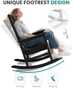 SERWALL Outdoor Rocking Chair Set of 2, Oversized HDPE Rocker, Black | Heavy Duty Front Porch Rocker with Footrest, all Weather Porch Rocker for Deck Patio Balcony, 350lbs Weight Capacity