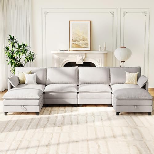 140" U-Shaped Modern Modular Sectional Couch, Chenille Cloud Couches with Storage Ottoman, Deep Seat Sofa with Side Pocket for Living Room, Bedroom and Apartment, Light Grey