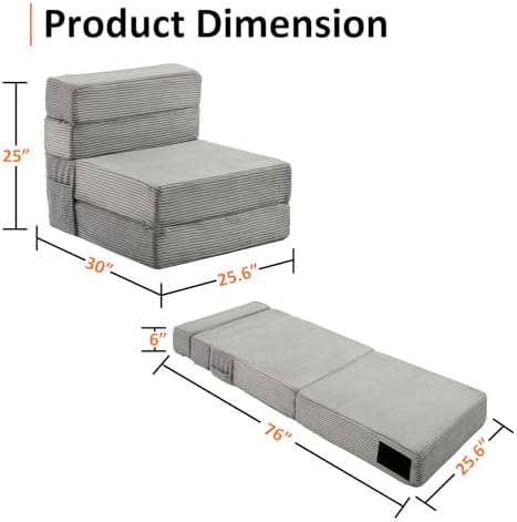 JKMAX Single Size Folding Sofa Bed - 4 in 1 Convertible Sleeper Chair - High Density Memory Foam Futon Couch - Foldable Bed for Living Room Bedroom (Dark Grey)