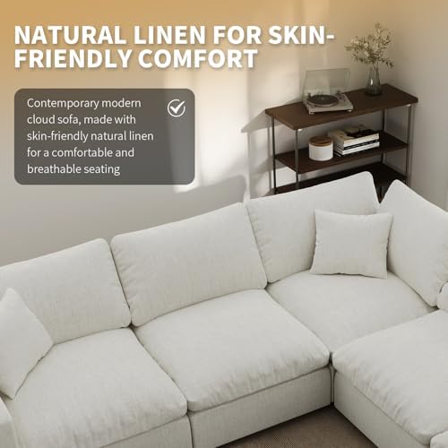 Modern Sectional Linen Couch for Living Room V-Shape Sofas,6 Seat Modular Cloud Sofas with Ottoman,Couches Cushion Covers Removable,Cozy Feather Down Sofa for Apartment Cream White