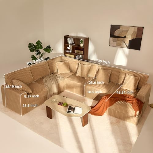 GOSUHI 139" U-Shaped Cloud Couch, Modular Sectional, Deep Seats, Camel | Pocket Spring Cushions, Oversized 7-Seater, Right Facing Chaise, Corduroy Upholstery Couches for Living Room