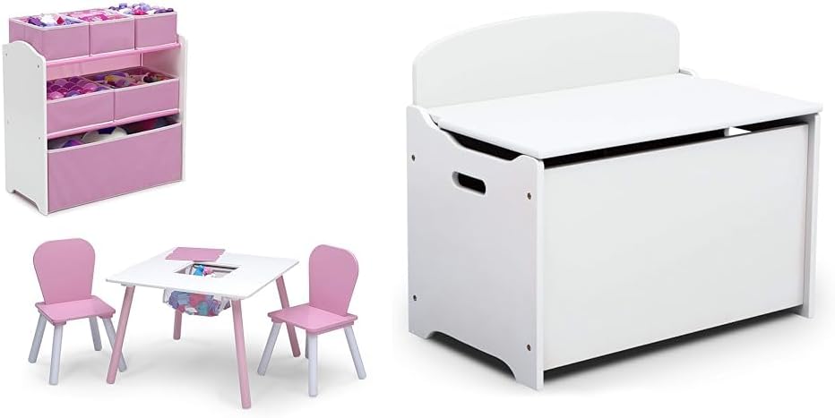 Delta Children 4-Piece Toddler Playroom Set, Pink/White, Table and 2 Chairs and 6-Bin Toy Organizer & MySize Deluxe Toy Box - Greenguard Gold Certified, Bianca White