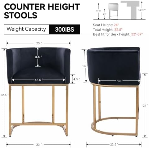 RIVOVA Black Velvet Bar Stools Set of 2, 24" Contemporary Upholstered Fabric Counter Height Barstools Kitchen Counter Island Stools with Golden Metal Base