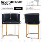RIVOVA Black Velvet Bar Stools Set of 2, 24" Contemporary Upholstered Fabric Counter Height Barstools Kitchen Counter Island Stools with Golden Metal Base