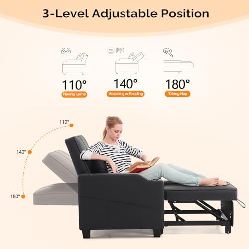 VINGLI Convertible Sleeper Chair Bed, Pull Out Sofa Couch for Living Room | Black 3-in-1 Sofa Bed, Faux Leather Recliner with Adjustable Back, USB Port, Cup Holder, Side Pocket for Small Space, Office