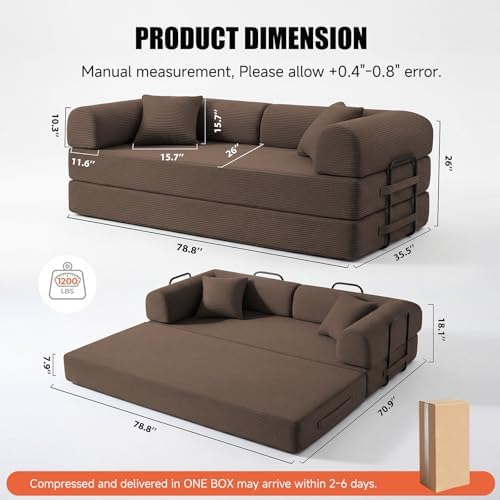 79" Convertible Futon Sofa Bed,6-in-1 Couches for Living Room | Corduroy Loveseat Sleeper Sofa, Modular Pull Out Couch with Pillows,Futon Sofa No Assembly, Brown