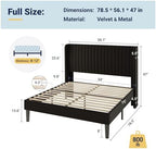 Allewie Full Size Velvet Bed Frame/Vertical Channel Tufted Wingback Headboard/Upholstered Platform Bed/Strong Wooden Slats/No Box Spring Needed/Easy Assembly/Black
