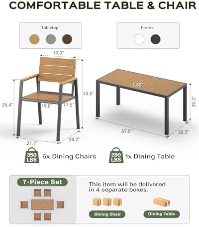 Vexwalx 7-Piece Outdoor Dining Set, Aluminum Dining Table Set for 6, Patio Table and Chairs Set with Umbrella Hole, All Weather HDPS Outdoor Table and Chairs for 6 (Gray-Teak)