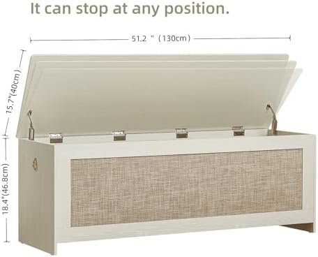 51.2" Storage Chest Large,Wooden Rattan Storage Bench.(White Cream) | Storage trunk with 2 Safety Hinges, 51.2x15.7x18.3 Inch, Easy Assembly, Storage bench For Bedroom, Living Room, Entryway
