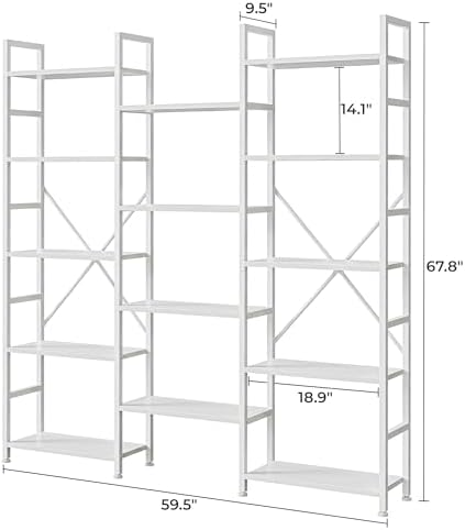 SUPERJARE Triple Bookshelf, Bookcase with 14 Open Display Shelves, Wide Book Shelf Book Case for Home & Office, 5 Tier, White