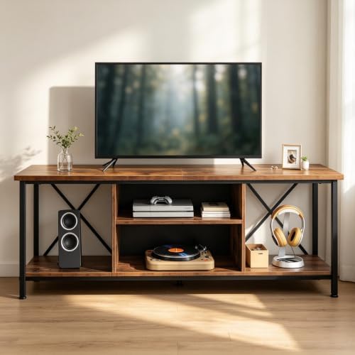 WLIVE Industrial TV Stand for Up to 65 inch TV, Heavy-Duty Metal Frame Entertainment Center with Adjustable Shelves & Cable Management, Media TV Console for Living Room Bedroom, Rustic Brown