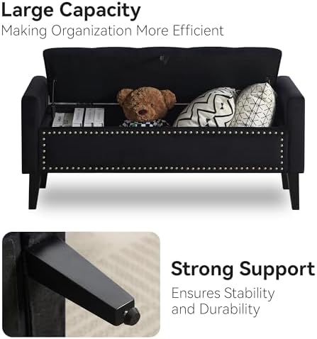 WUTUTUEE 47" Velvet Storage Bench, Upholstered Bed Bench with Storage, End of Bed Ottoman with Wooden Legs,Bedside Storage Bench for Bedroom, Living Room, or Entryway, Black