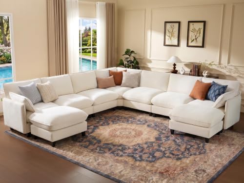 Ihanherry 139" Oversized V-Shaped Modular Sectional Couch, 9-Seater Cloud Sofa with Corner & Movable Ottoman, Large Cushions, Chenille Deep Seat Living Room Furniture Set, Beige