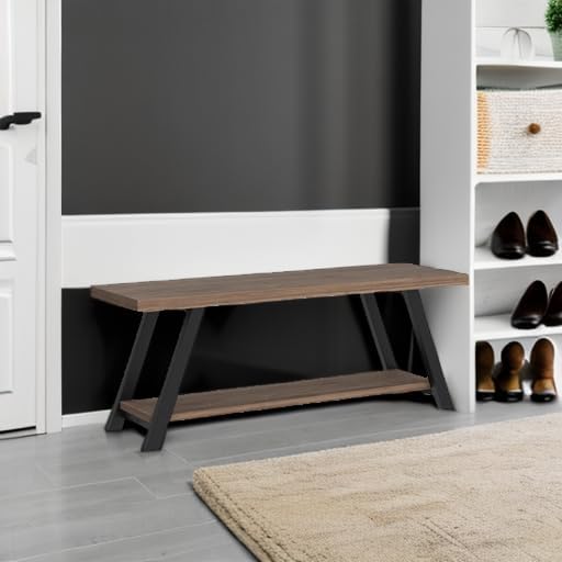 LVB Industrial Entryway Bench, Wood and Metal Storage Bench for Living Dining Room, Farmhouse Indoor Entry Way Shoe Benches Seat, Rustic Oak, 47 Inch Long | Farmhouse Indoor Entry Way Shoe Benches Seat, Wood and Metal Shoe Rack for Hallway Living Dining