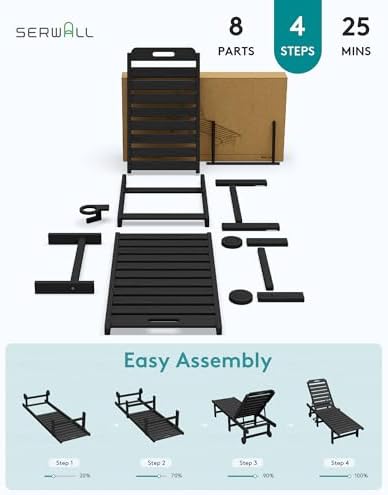 SERWALL HDPE Outdoor Chaise Lounge Set of 2 with Cup Holder & Wheels, Black | Weather-resistant chaise lounge resists fading, with 5-level adjustable back, cup holder and wheels.